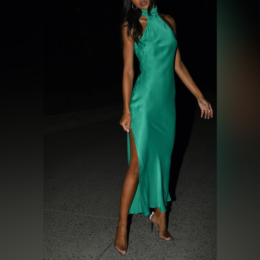 Meshki Claire Satin Drape Back Maxi Dress with Split - Green Size Small